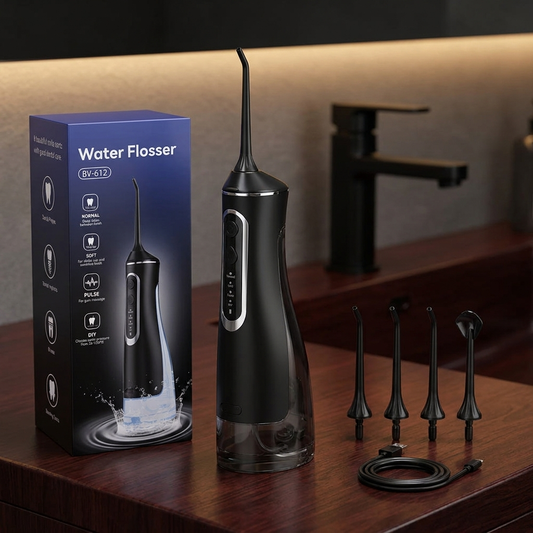 Black Water Flosser set on dark wood bathroom counter