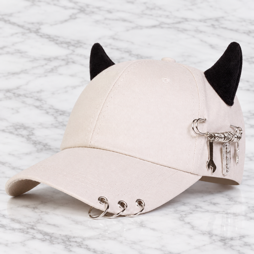 Adjustable Horn Ring Baseball Cap in Off-White on white marble