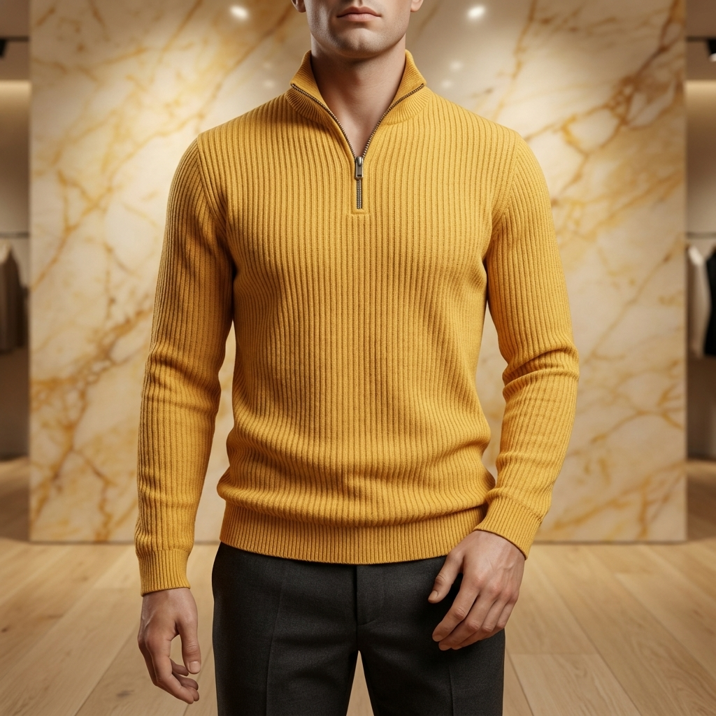 Men's ribbed quarter-zip pullover in bright yellow, on a boutique display mannequin against a golden marble wall and pale oak floor