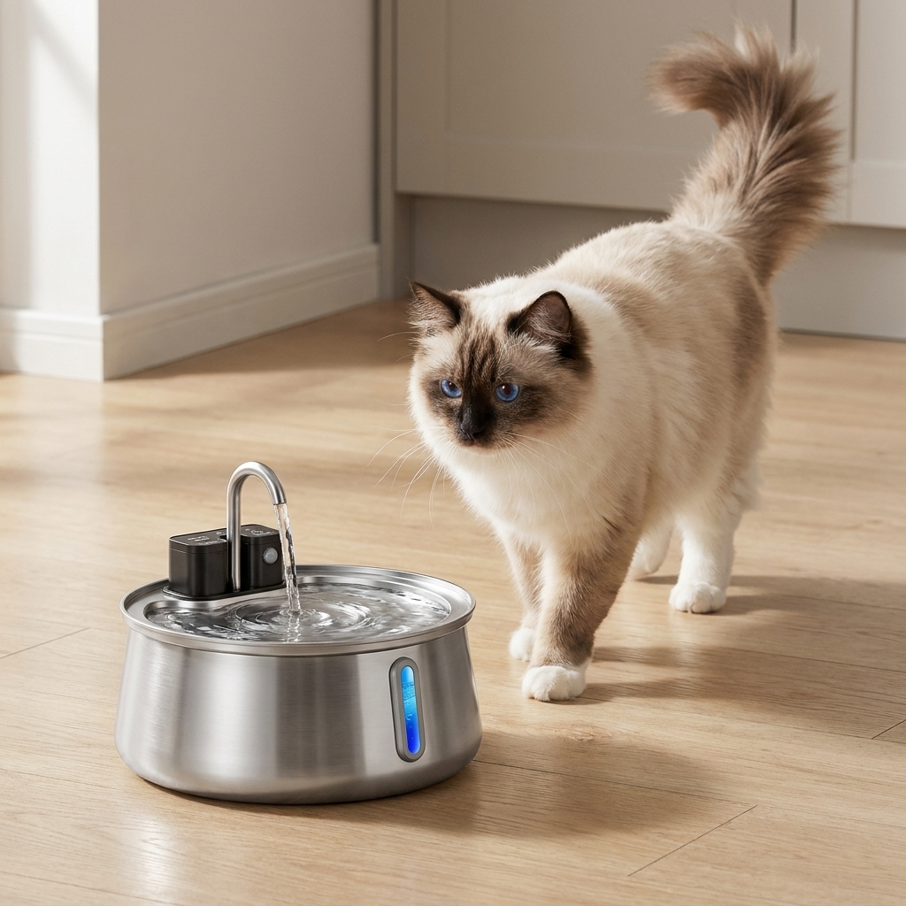 Ragdoll cat approaching the 4L stainless steel pet water fountain as the motion sensor starts the water flowing, on a light wood kitchen floor