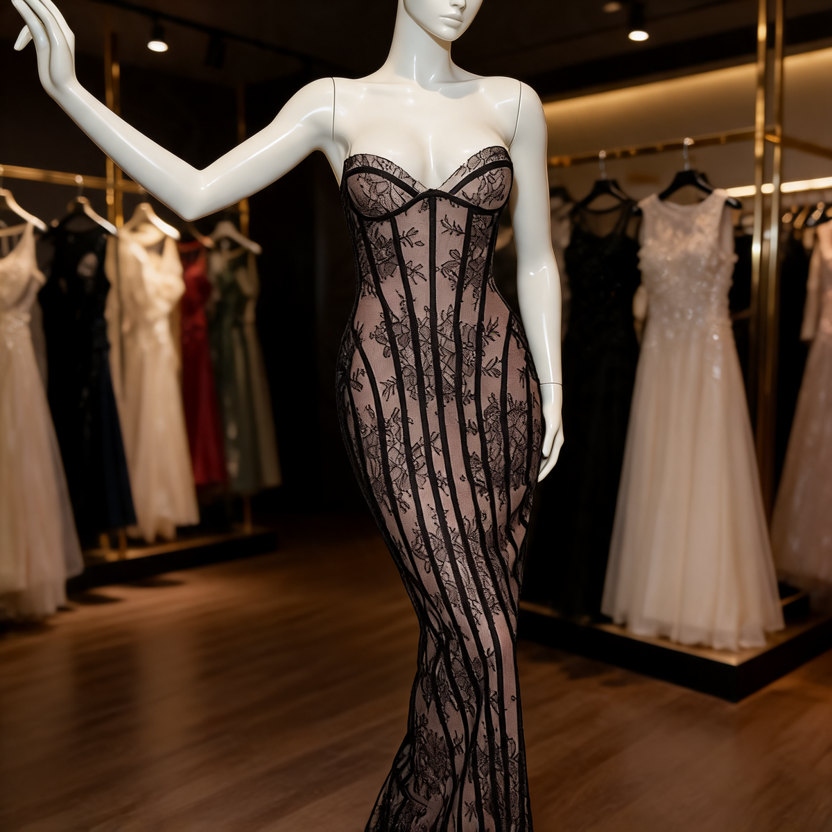 Black Lace Off-Shoulder Bodycon Dress on mannequin in formal dress store