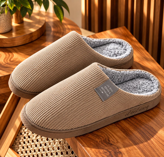 Tan corduroy warm cotton home slippers with fleece lining