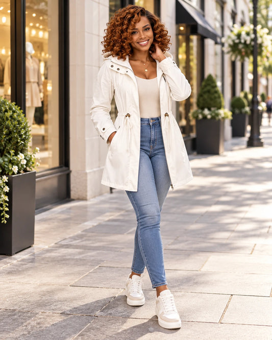 White hooded mid-length trench coat
