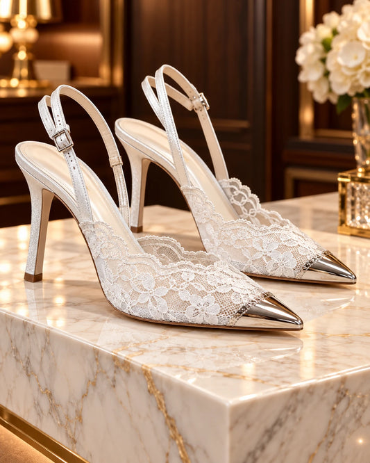 White lace slingback high heels with silver cap toe