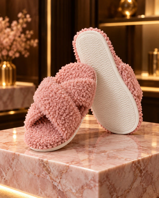 Pink plush crisscross open-toe slippers