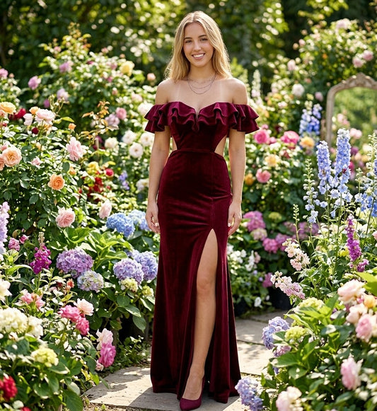Ruffled Off-Shoulder High Slit Gown in Red