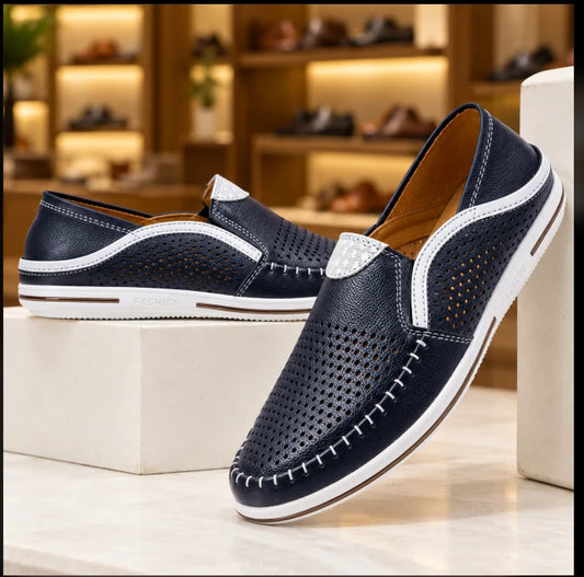 Genuine Leather Breathable Slip-On Loafers in blue