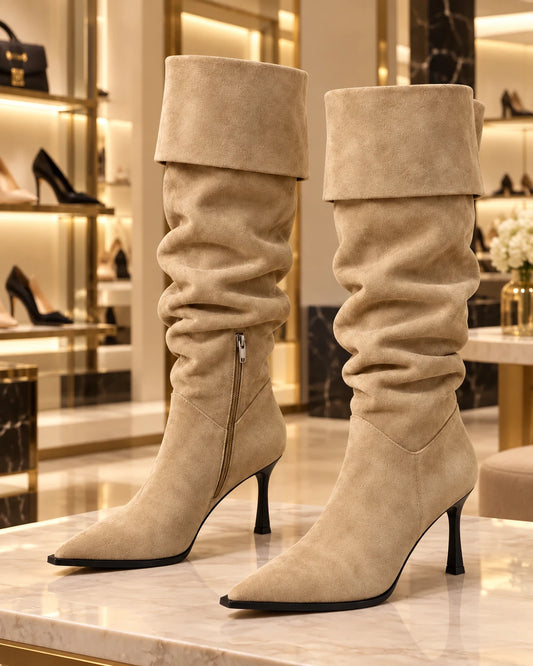 Khaki suede slouch fold-over knee-high stiletto boots