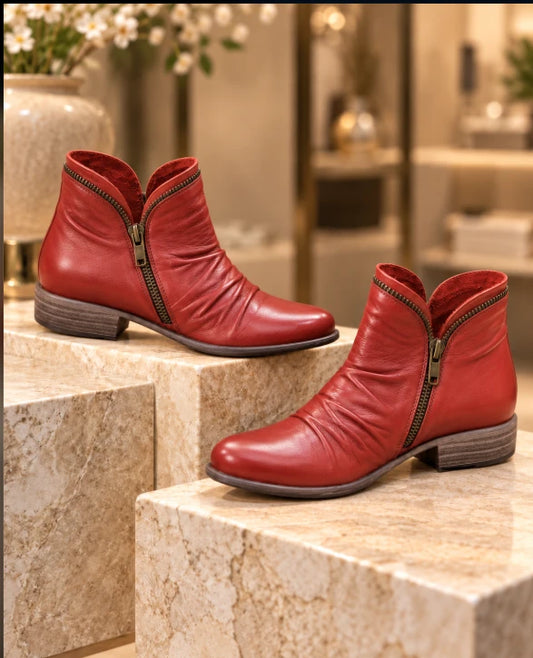 Women's V-Cut Leather Martin Boots with Side Zipper