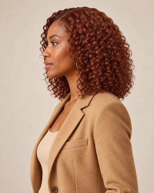 Auburn curly wig, side profile