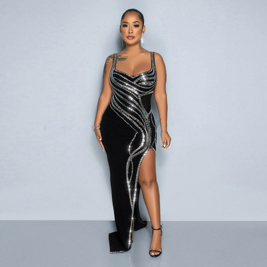 Women's Diamond Detail Slit Elastic Bodycon Dress