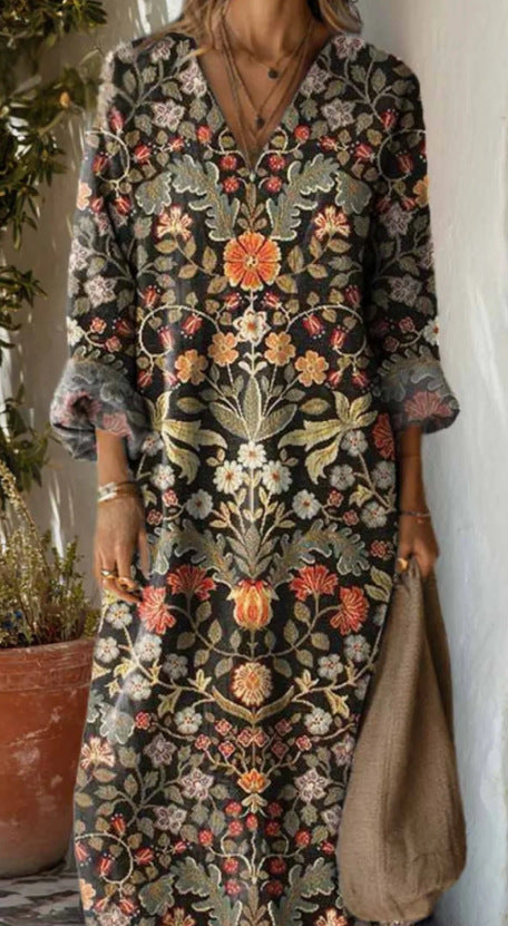 Women's Loose V Neck Long Sleeve Print Dress