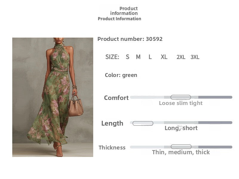 Women's Elegant Print Halter Neck Waist-Cinching Dress