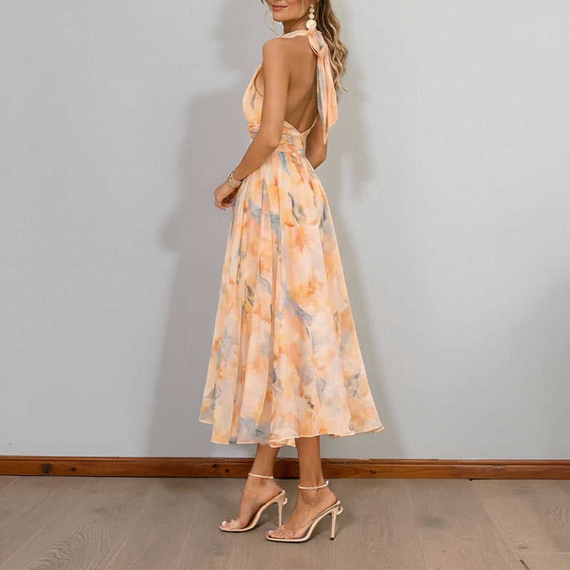 Women's Elegant Print Halter Neck Waist-Cinching Dress