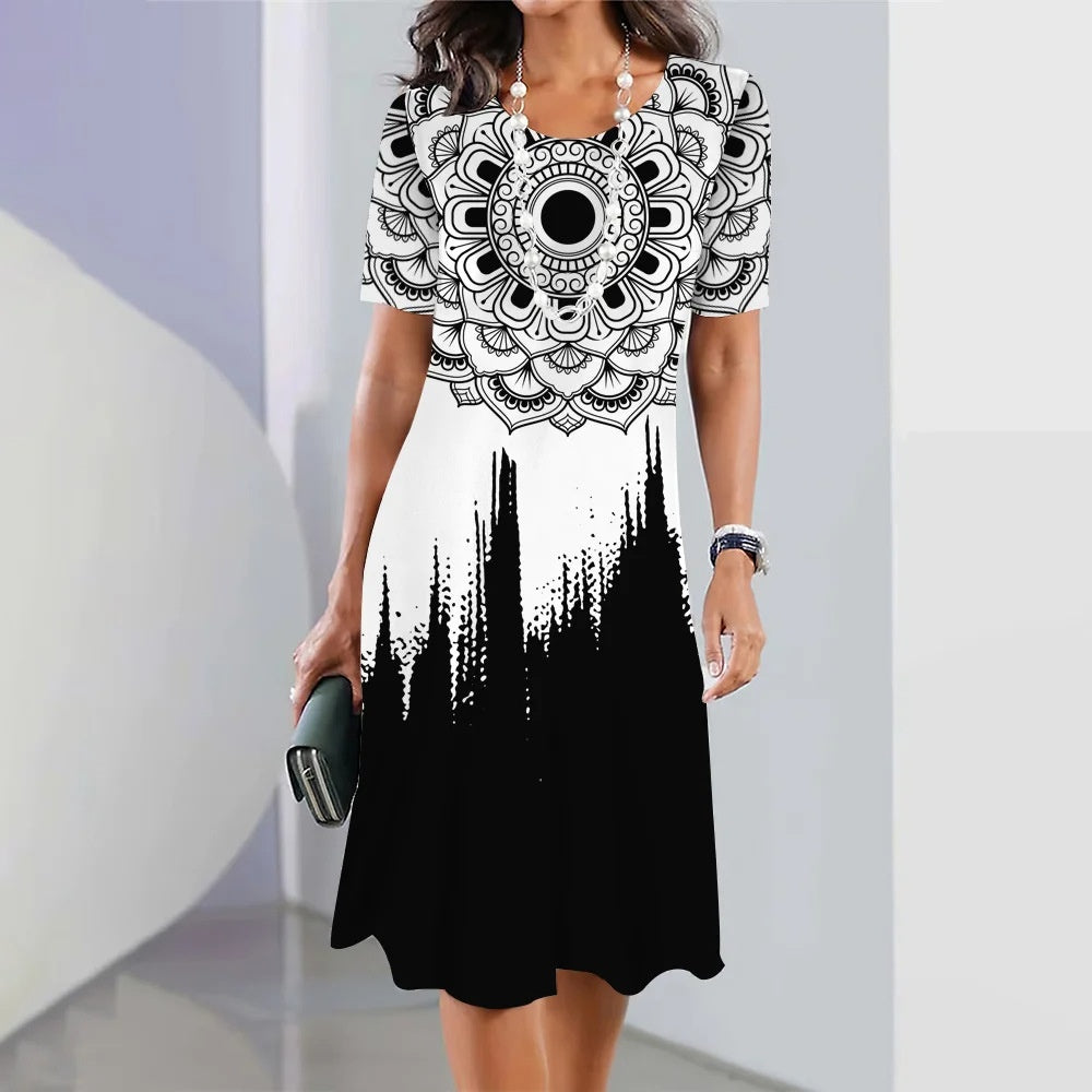 Women's 3D Floral Print Short Sleeve Princess Dress