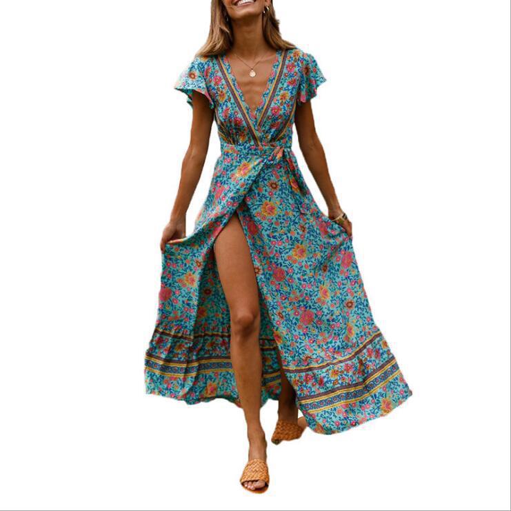 Bohemian Floral Print Sleeveless Maxi Dress in Aqua