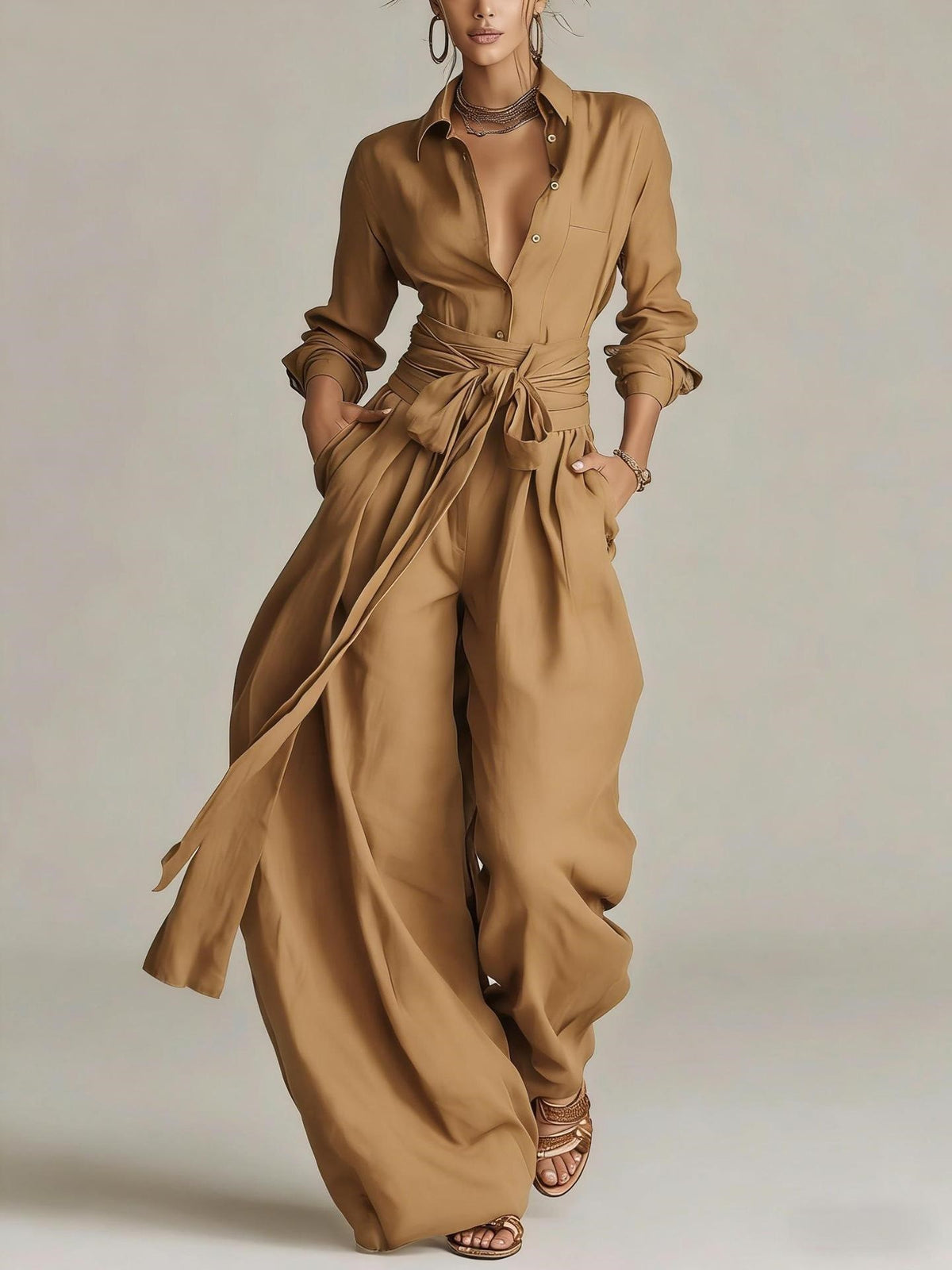 Women's Lapel Collar Belted Wide-Leg Jumpsuit