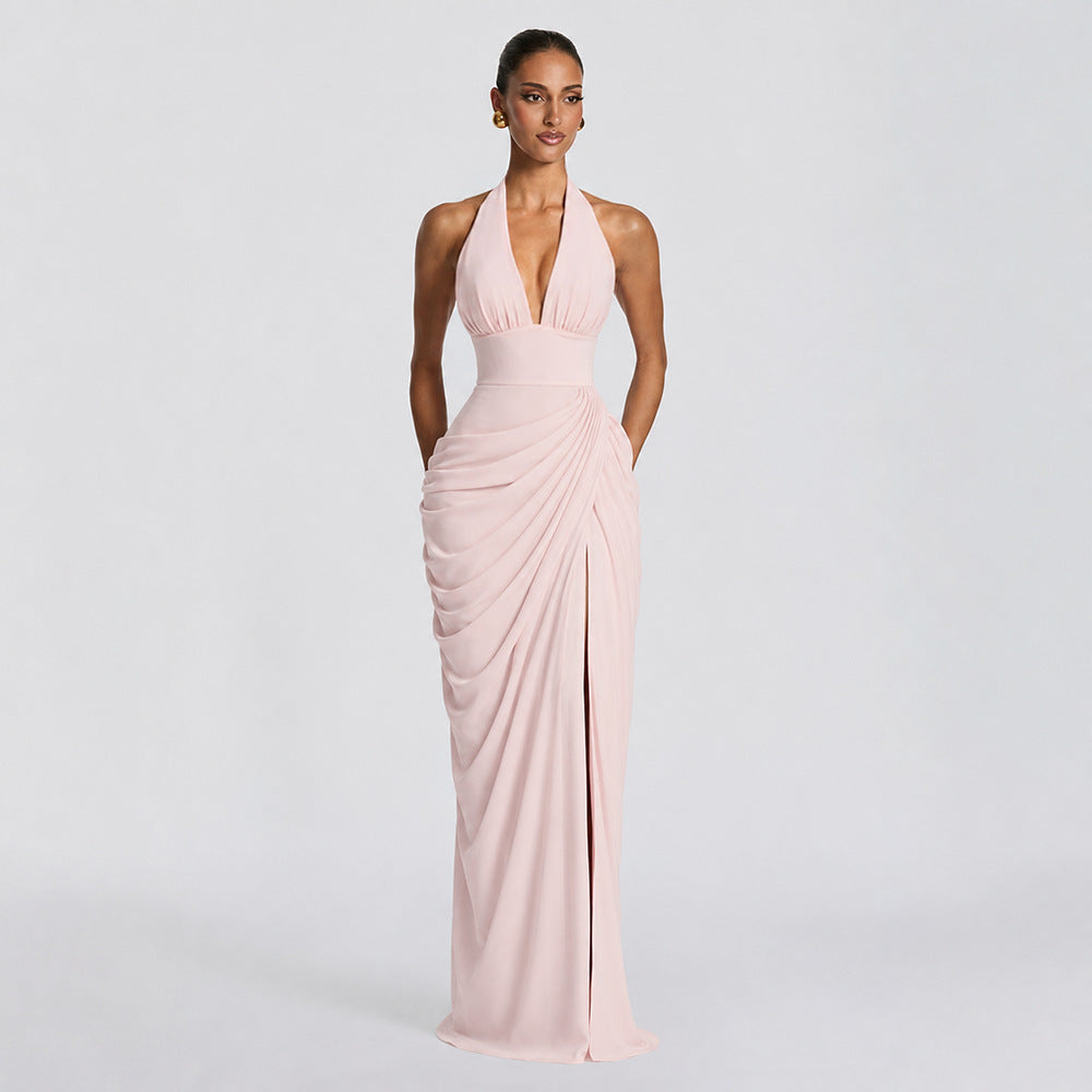Women's Halter V-Neck Pleated Bodycon Dress