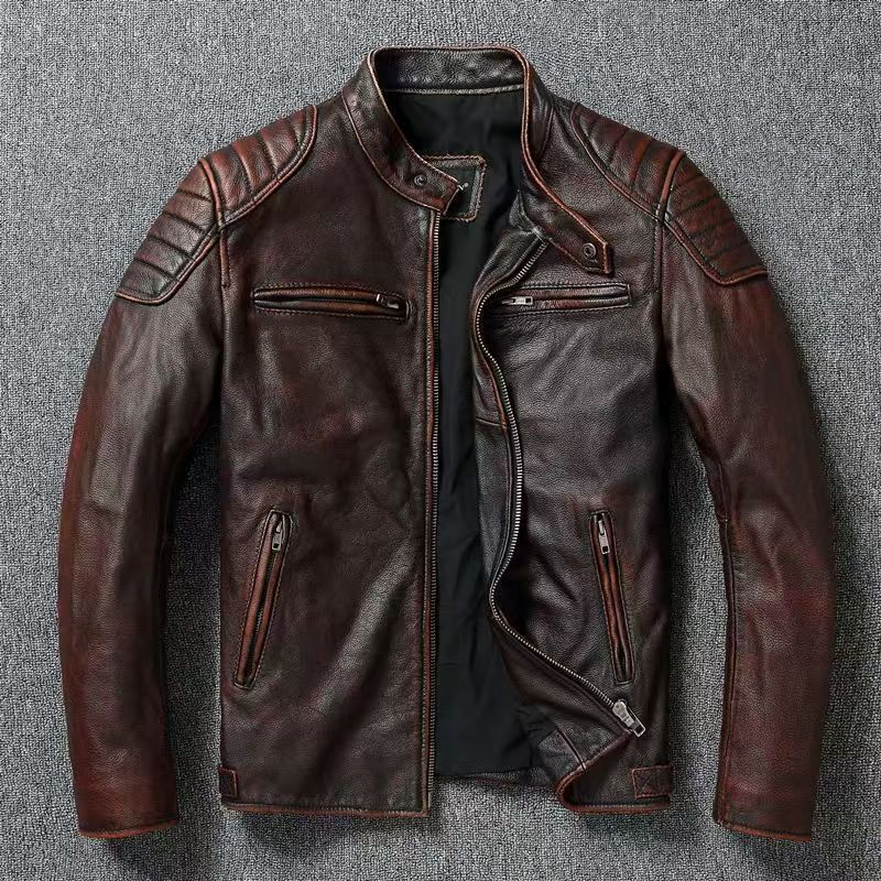 Men's Vintage PU Leather Jacket with Stand Collar