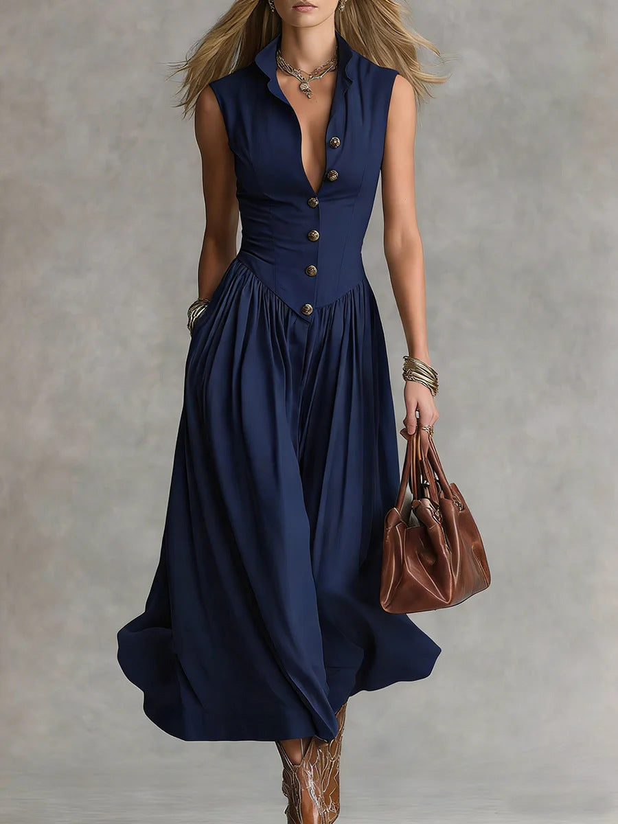 Women's Lapel Sleeveless Long Dress