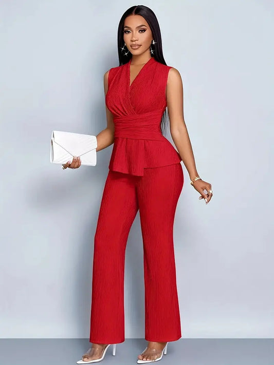 Women's Sleeveless V-Neck Peplum Top and Pants Set