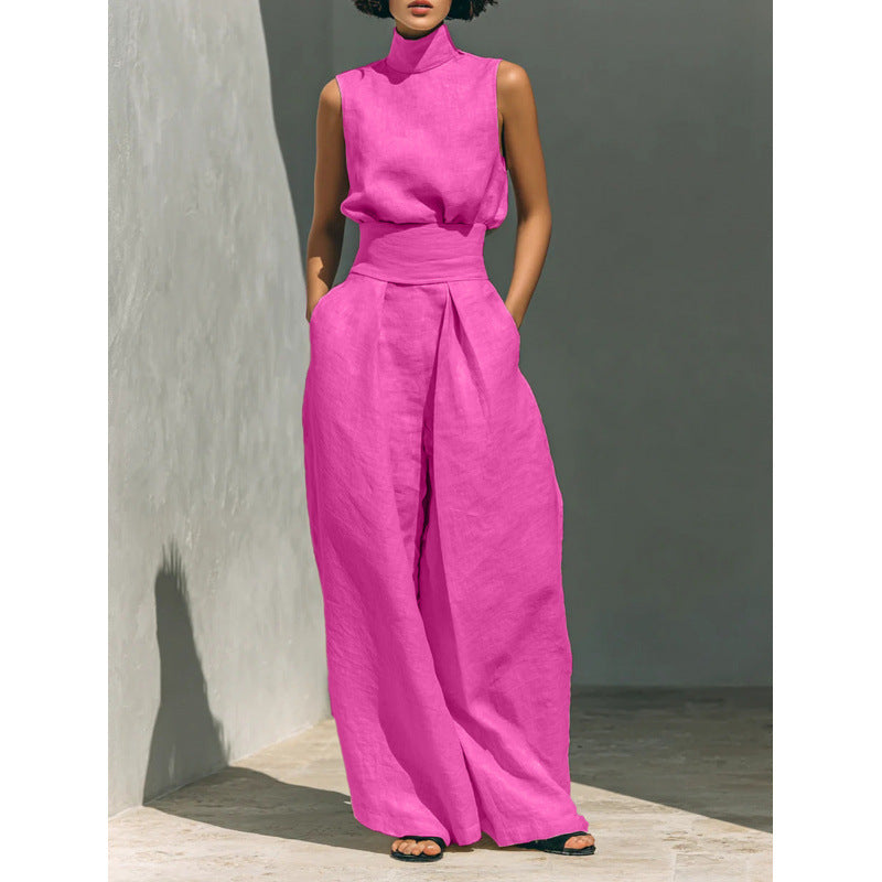 Women's Sleeveless High-Collar Cotton Linen Vest and Wide-Leg Pants Set