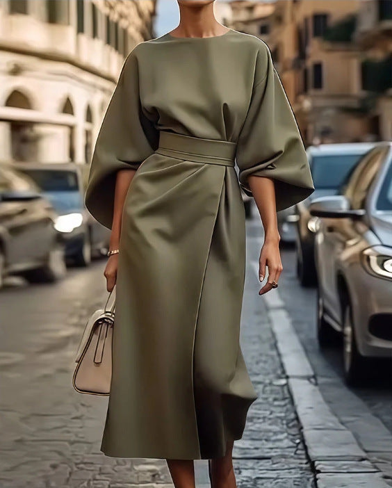 Women's Elegant Solid Color Waist-Cinching Batwing Sleeve Long Dress