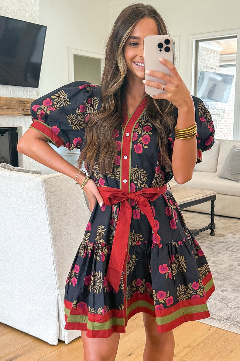 Women's Floral Print High Waist Cotton Dress