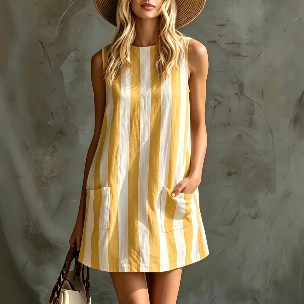 Women's Retro Striped Sleeveless Round Neck Tank Dress