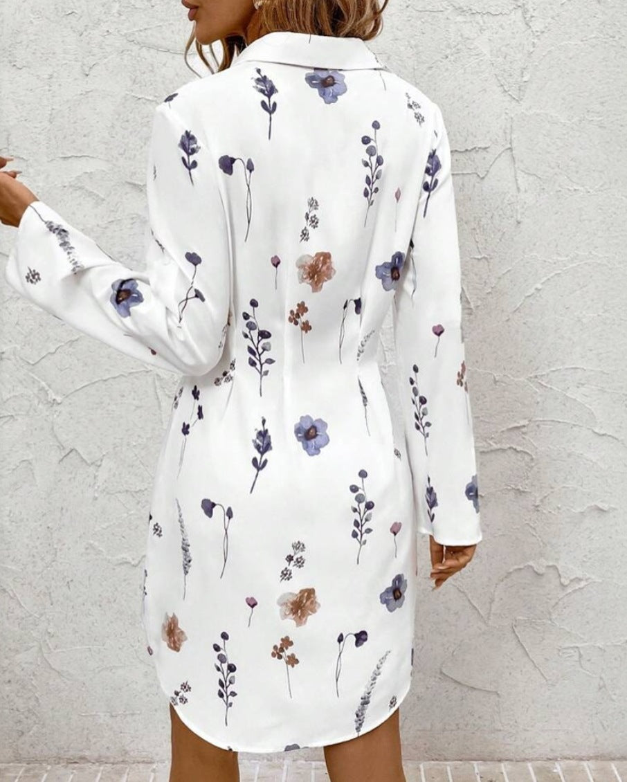 Women's Floral Print Lapel Long Sleeve Shirt Dress