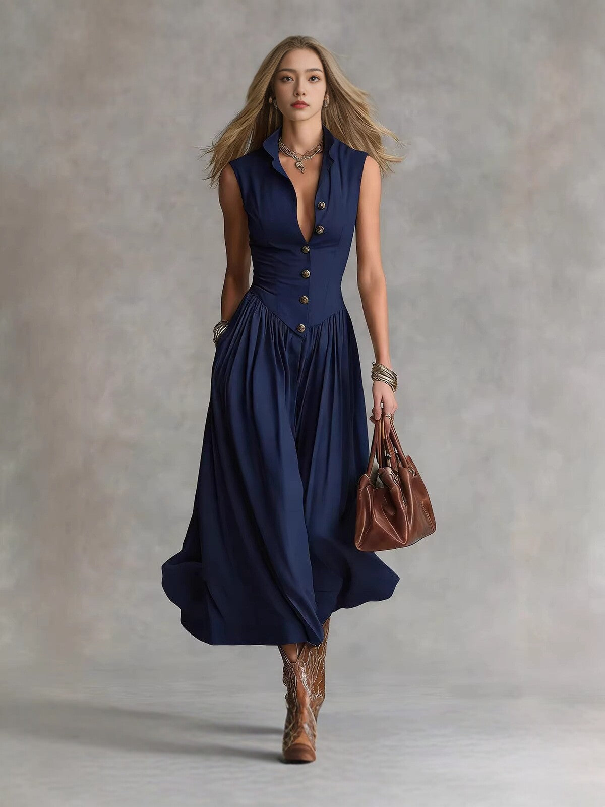 Women's Lapel Sleeveless Long Dress