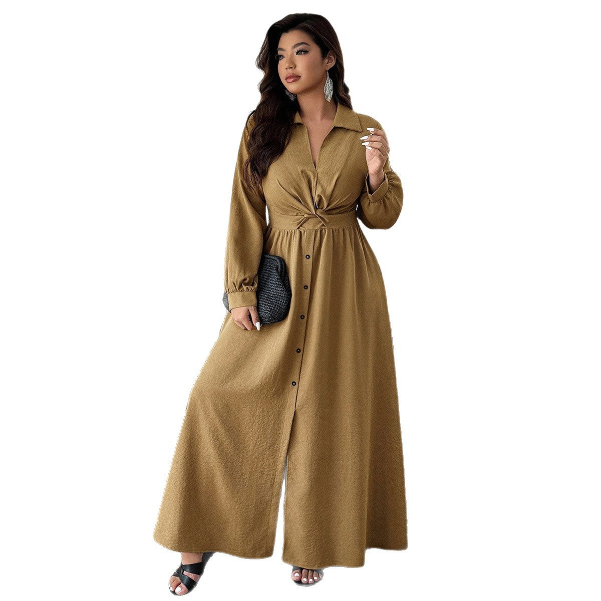 Women's V-Neck Drawstring High Waist Flared Dress