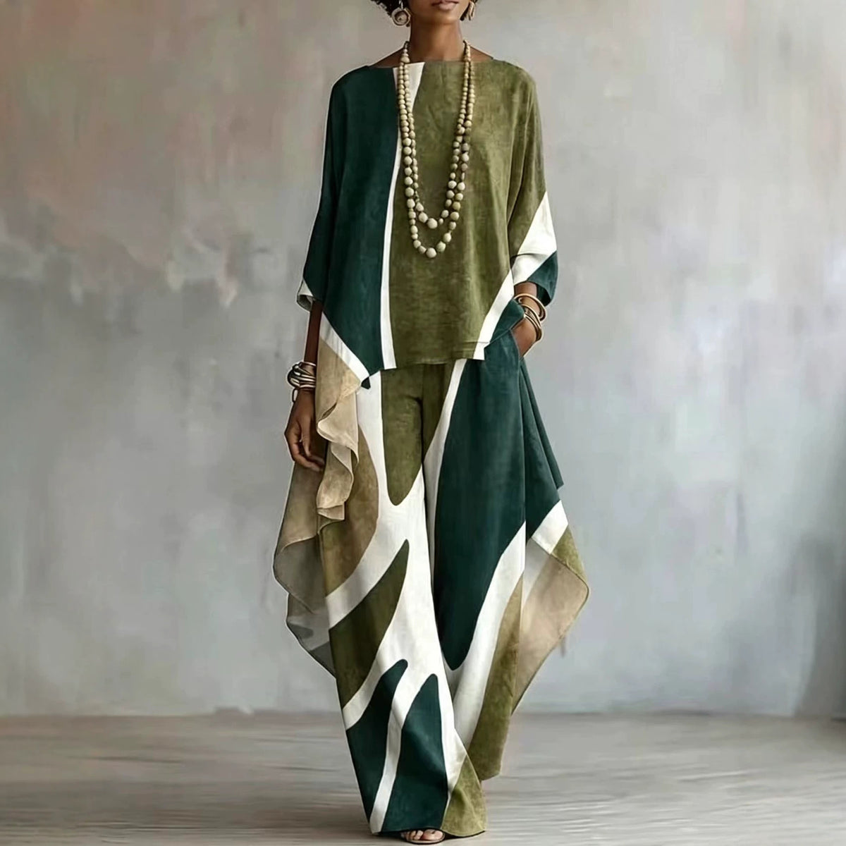 Geometric Print Top and Wide Leg Pants Set