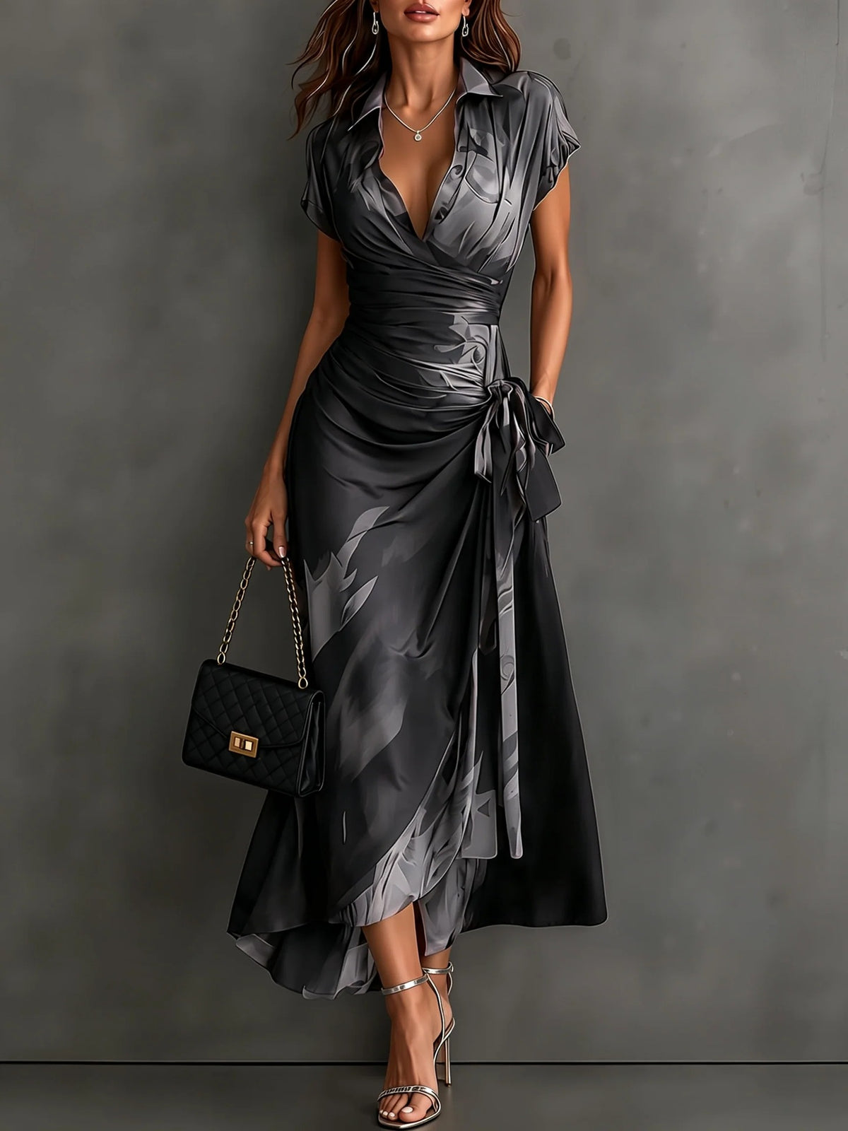 Women's Ink Print Wrap Dress with Collar