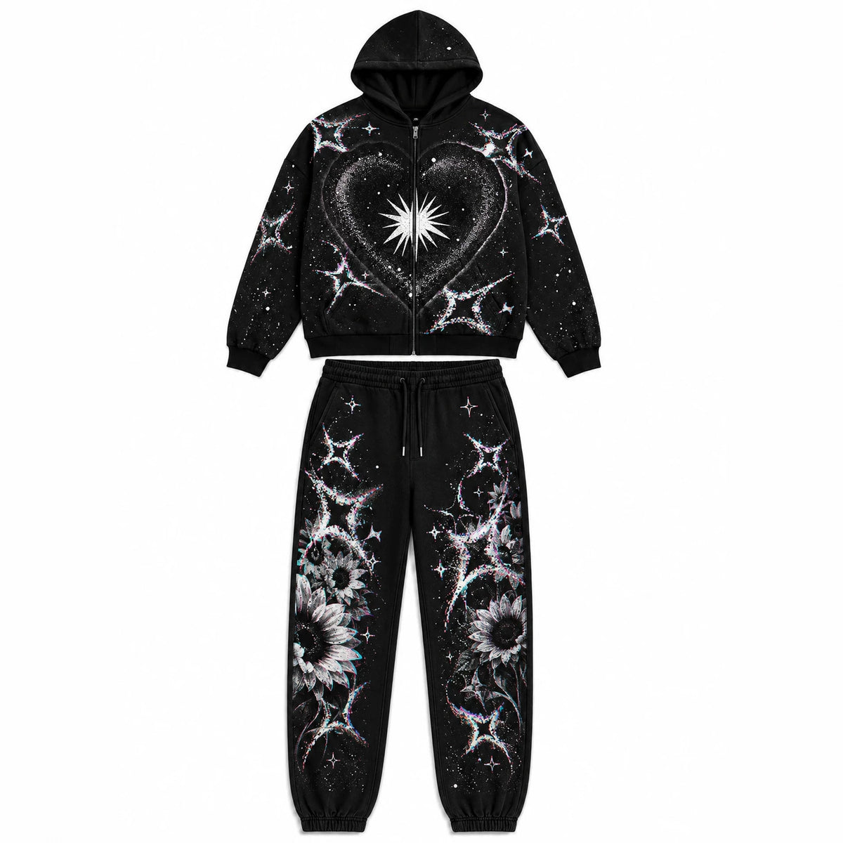 Print Hooded Zip Sweatshirt and Pants Set