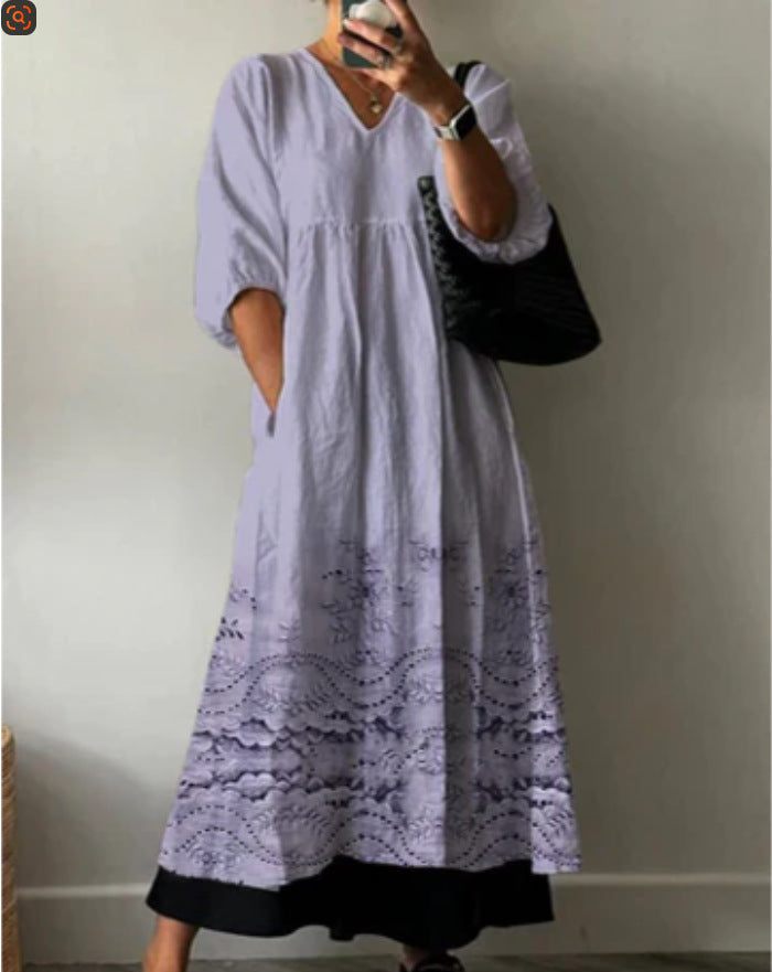 Women's Loose V Neck Long Sleeve Print Dress