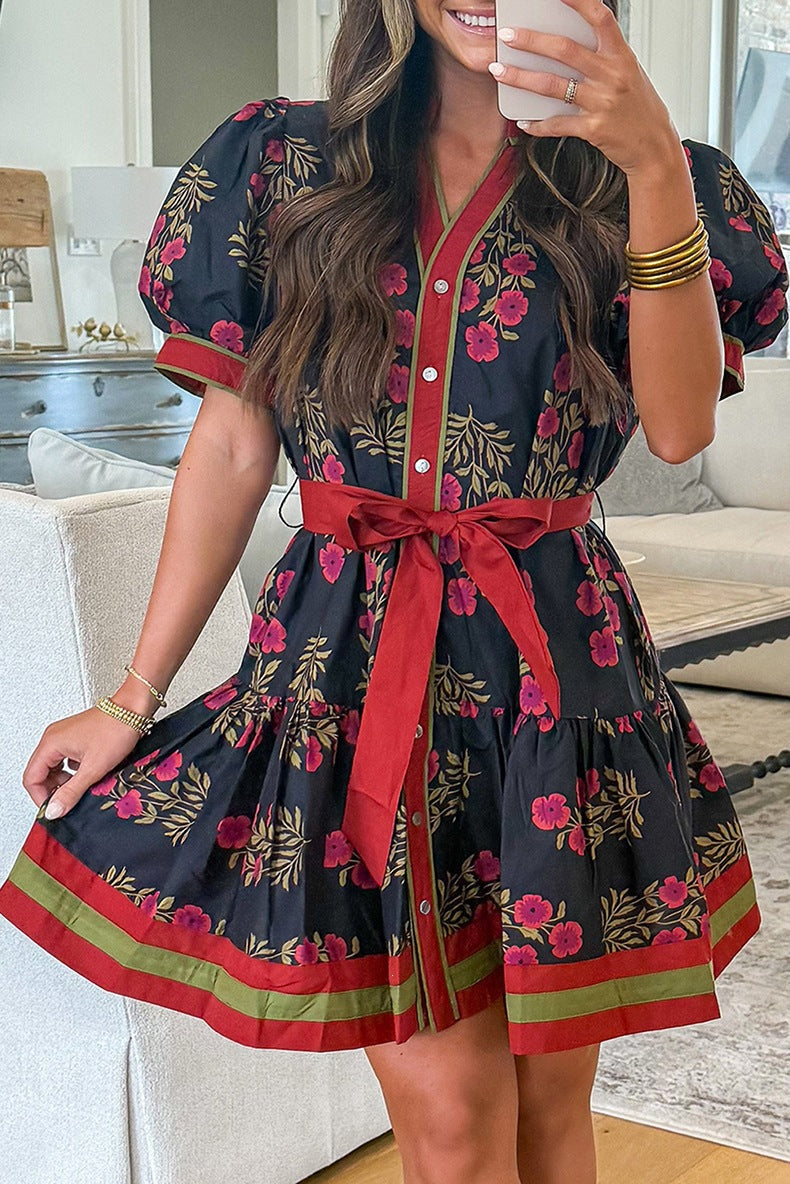 Women's Floral Print High Waist Cotton Dress