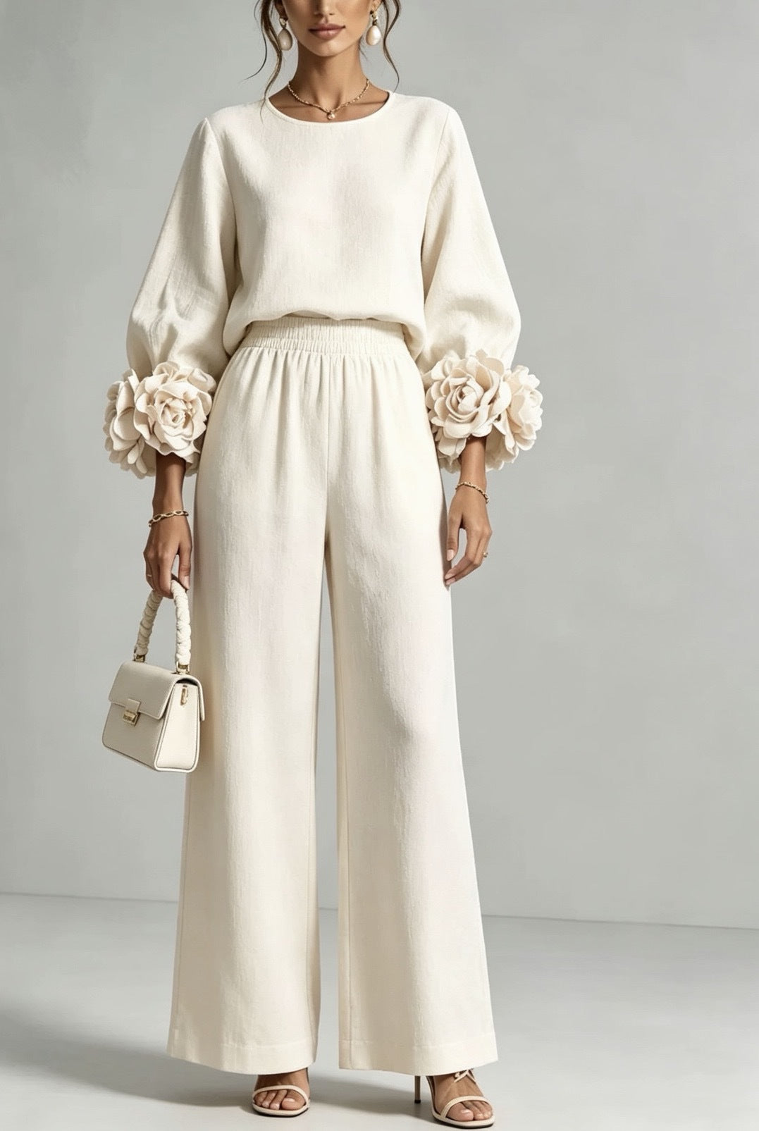 Women's Lantern Sleeve Top and Wide-Leg Pants Set with Ruffled Cuffs