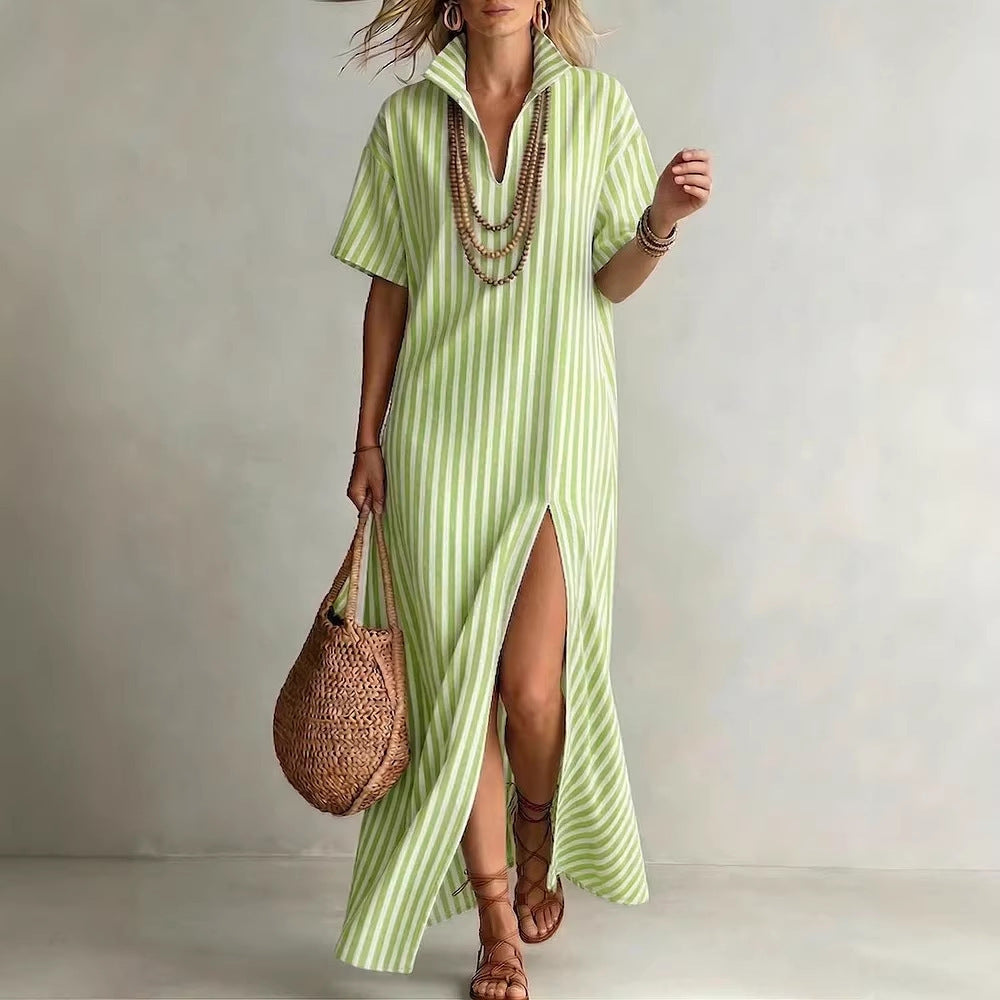 Women's Striped V-Neck Summer Shirt Dress