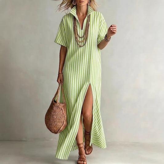 Women's Striped V-Neck Summer Shirt Dress