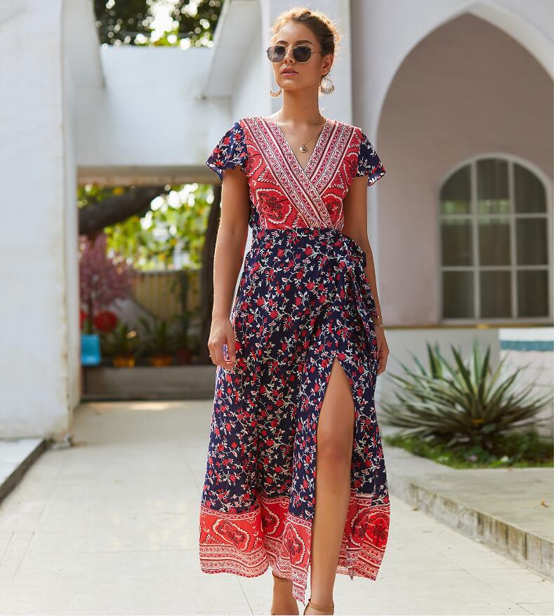 Bohemian Floral Print Sleeveless Maxi Dress in Navy Blue