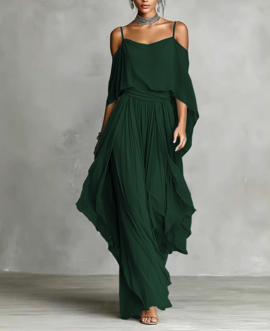 Women's Chiffon Off-Shoulder Top and Wide-Leg Pants Set