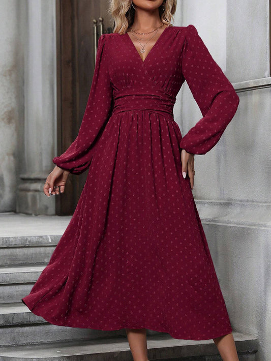 Fur Trim Lantern Sleeve Pleated Dress