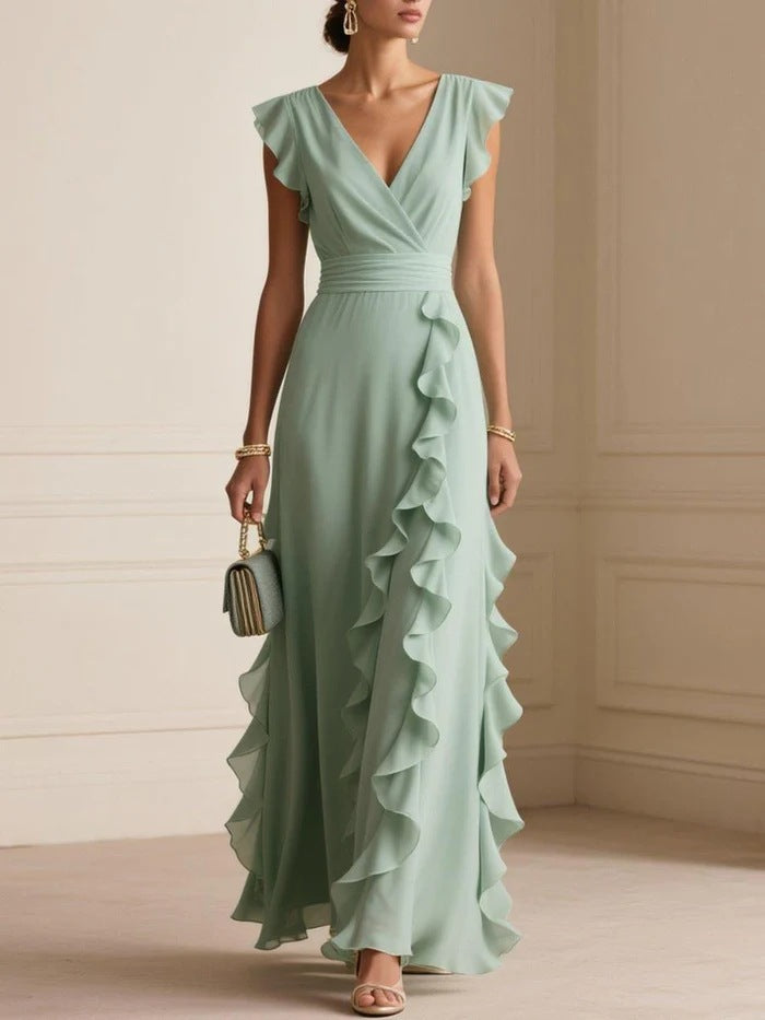 Women's Ruched V-Neck Chiffon Dress