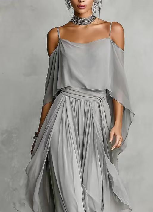 Women's Chiffon Off-Shoulder Top and Wide-Leg Pants Set