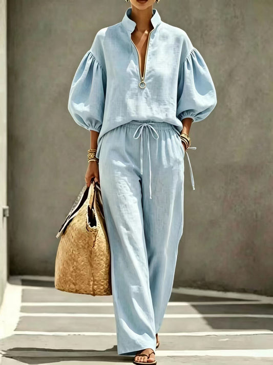 Women's Half-Zip Lantern Sleeve Casual Suit