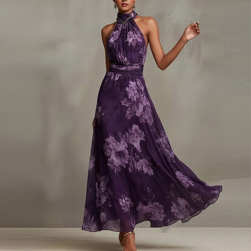 Women's Elegant Print Halter Neck Waist-Cinching Dress