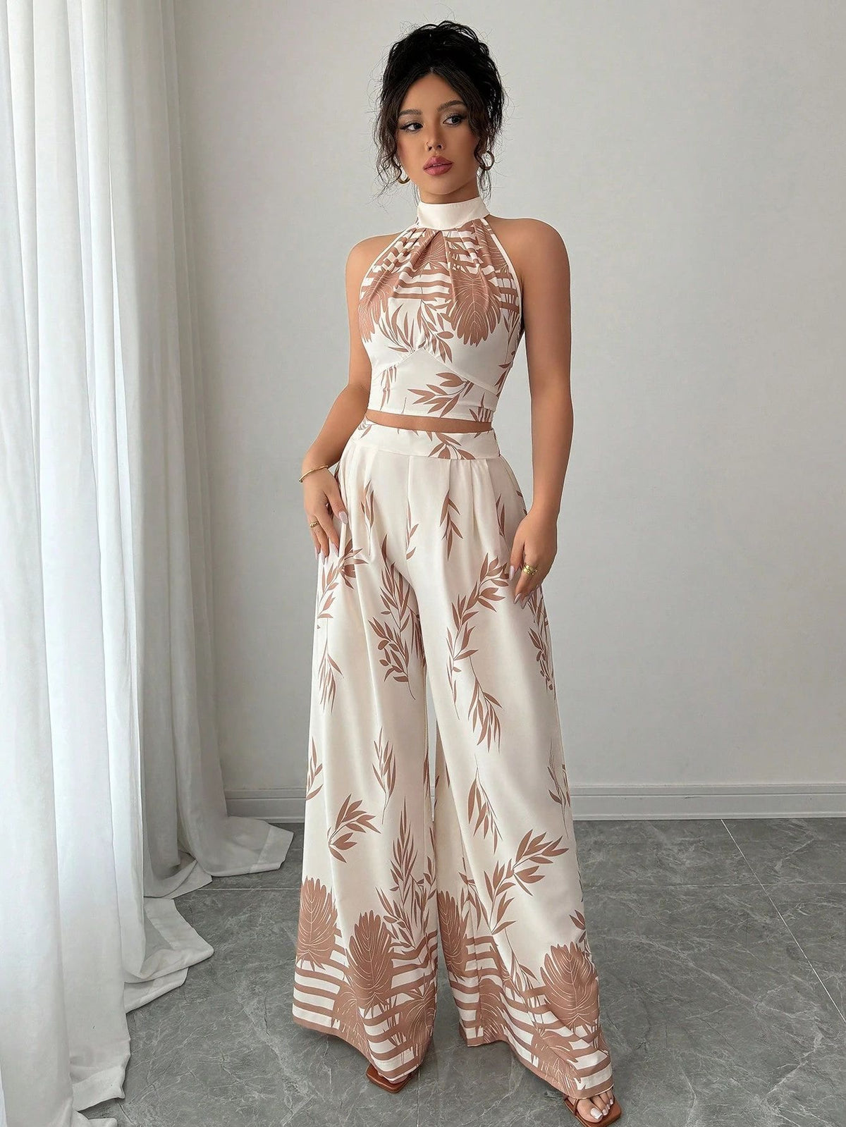 Women's Floral Halter Top and Wide-Leg Pants Set