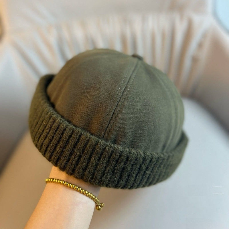 Cotton Blend Brimless Beanie in Olive Green