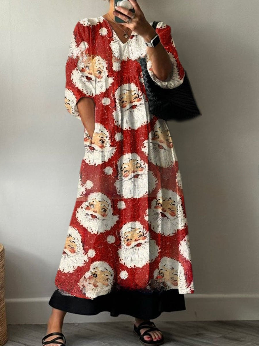 Women's Loose V Neck Long Sleeve Print Dress